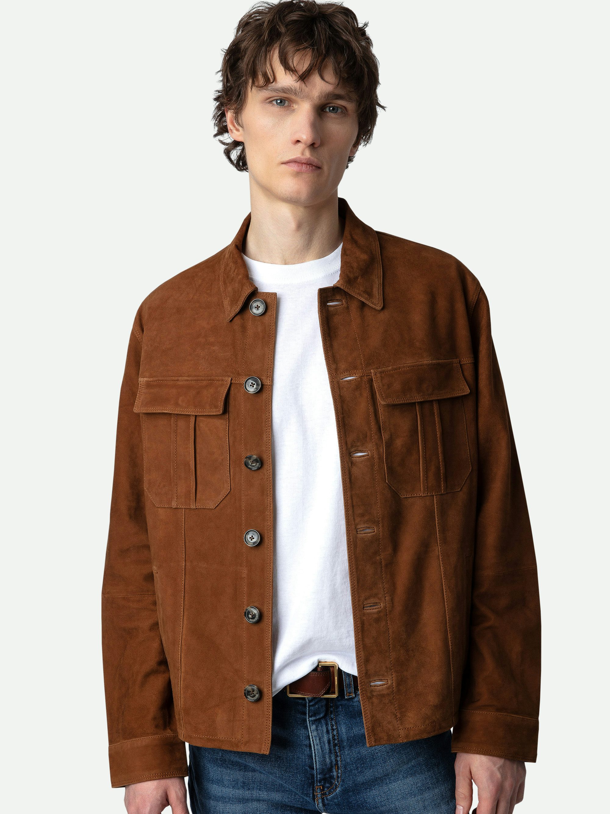 Kuba Suede Jacket - Cognac suede jacket with button closure and pockets.